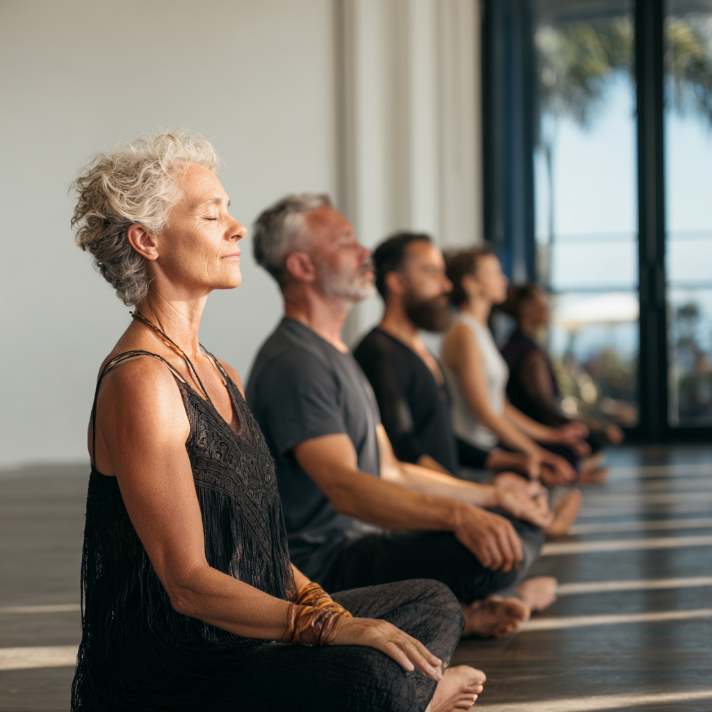 Serene mature practitioners in group meditation session at peaceful timbradel yoga studio surrounded by natural light