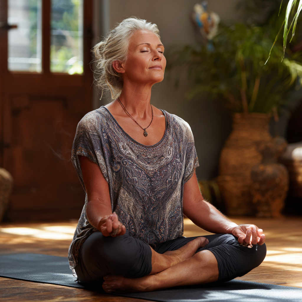 Woman in her fifties practicing peaceful yoga meditation pose in serene studio environment